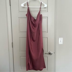 Cowl neck satin slip dress with slit